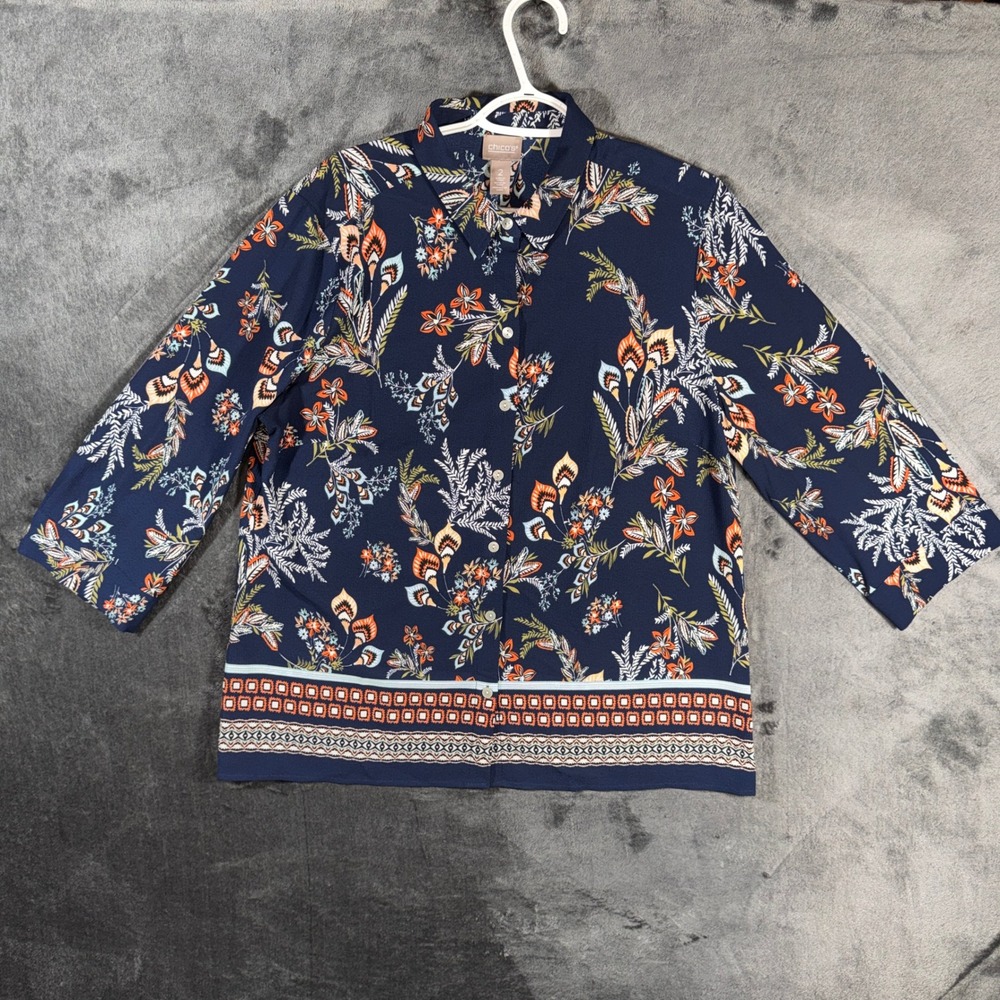 Chicos Navy Blue Floral Button Front Blouse 3/4 Sleeve Size 2 Large 802260